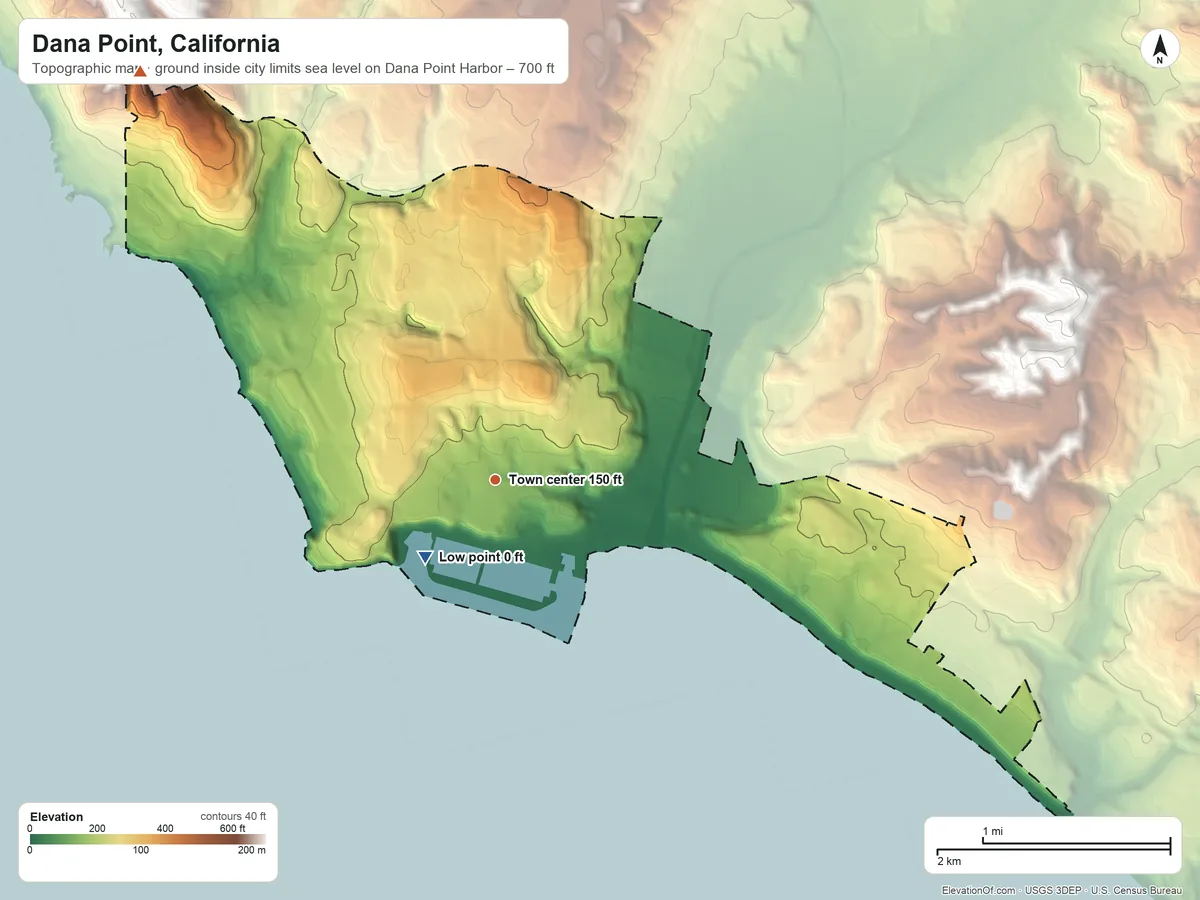 Topographic elevation map of Dana Point, California, shaded from sea level level on Dana Point Harbor to 700 ft on the northwest side