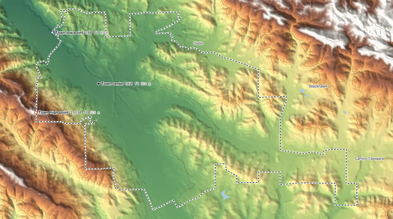 Topographic elevation map of Danville, California, shaded from 280 ft on the northwest side to 1,730 ft on the southwest side