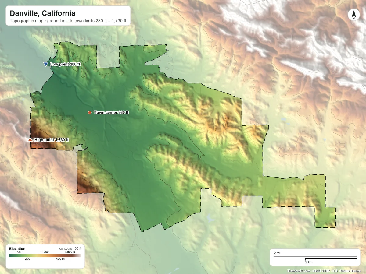 Topographic elevation map of Danville, California, shaded from 280 ft on the northwest side to 1,730 ft on the southwest side