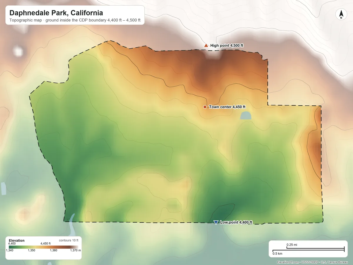 Topographic elevation map of Daphnedale Park, California, shaded from 4,400 ft on the south side to 4,500 ft on the north edge, below higher ground just outside