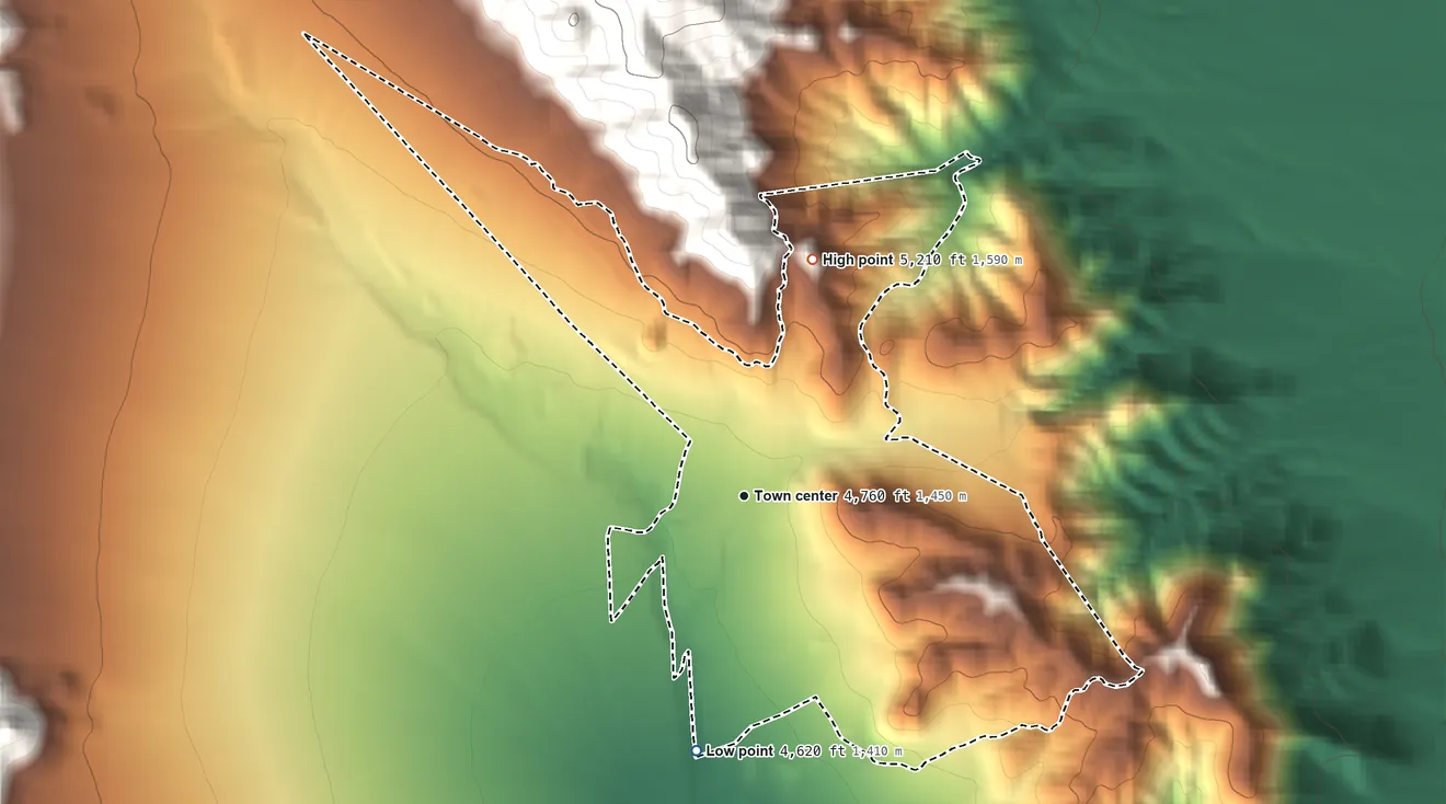 Topographic elevation map of Darwin, California, shaded from 4,620 ft on the south side to 5,210 ft at the foot of the Darwin Hills