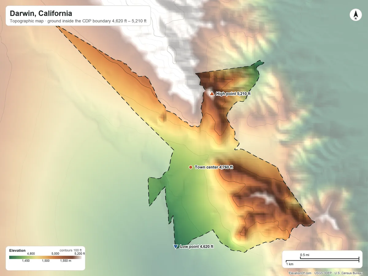 Topographic elevation map of Darwin, California, shaded from 4,620 ft on the south side to 5,210 ft at the foot of the Darwin Hills