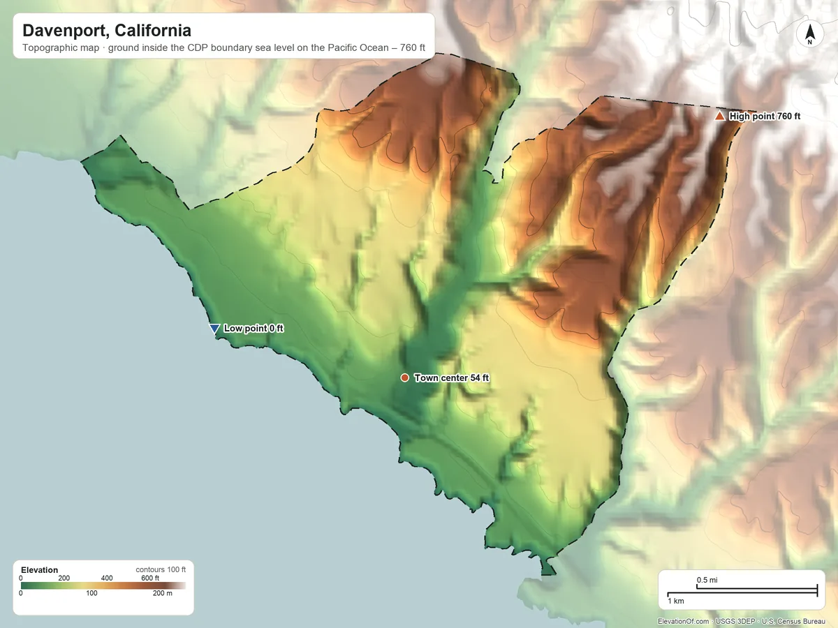 Topographic elevation map of Davenport, California, shaded from sea level level on the Pacific Ocean to 760 ft at the foot of the Santa Cruz Mountains