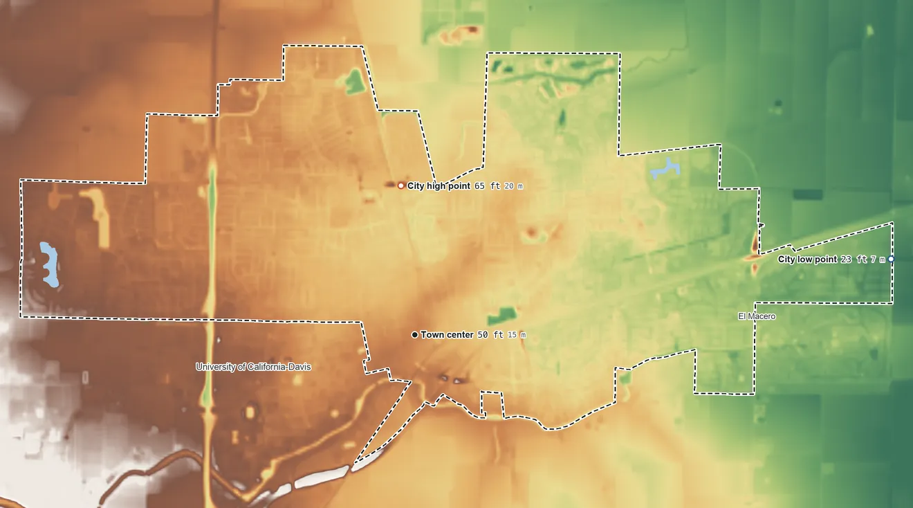 Topographic elevation map of Davis, California, shaded from 23 ft on the east side to 65 ft on the north side