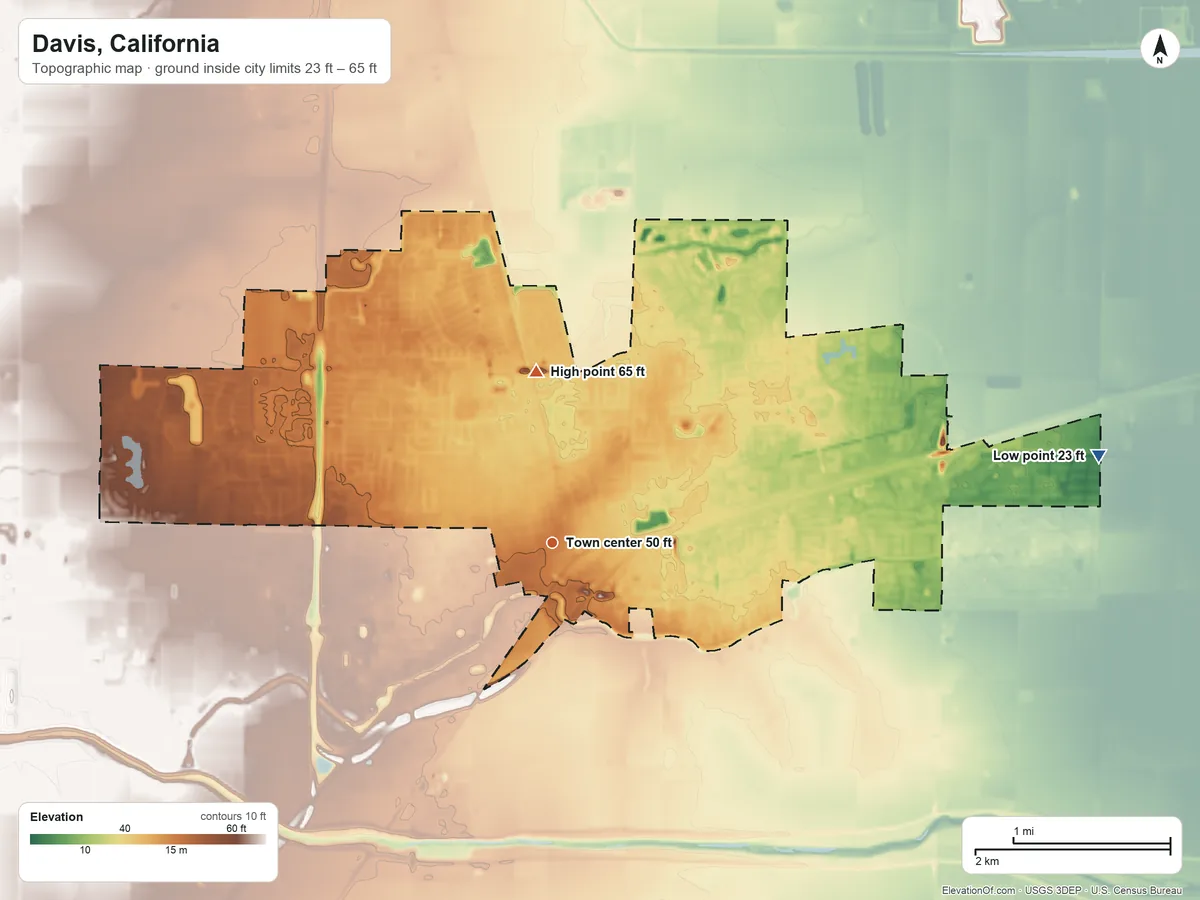 Topographic elevation map of Davis, California, shaded from 23 ft on the east side to 65 ft on the north side