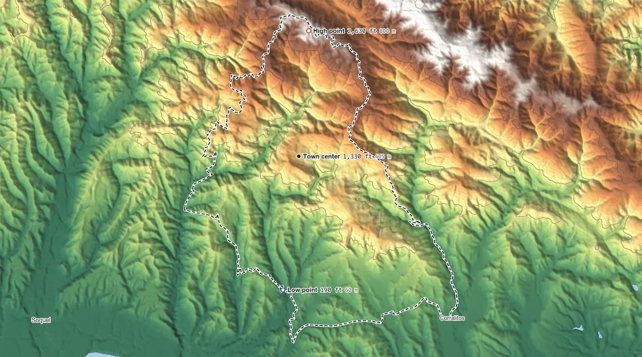 Topographic elevation map of Day Valley, California, shaded from 190 ft on the south side to 2,630 ft on Santa Rosalia Mountain