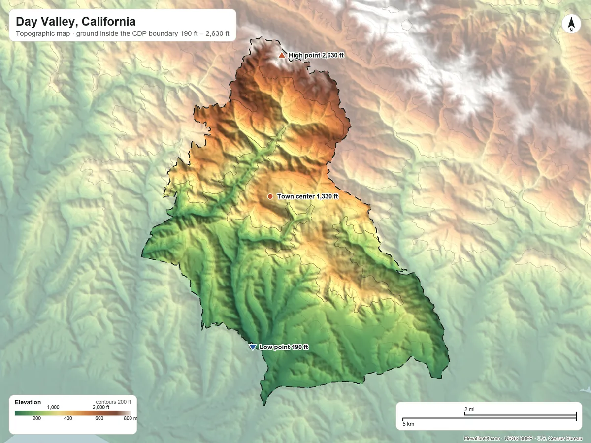 Topographic elevation map of Day Valley, California, shaded from 190 ft on the south side to 2,630 ft on Santa Rosalia Mountain