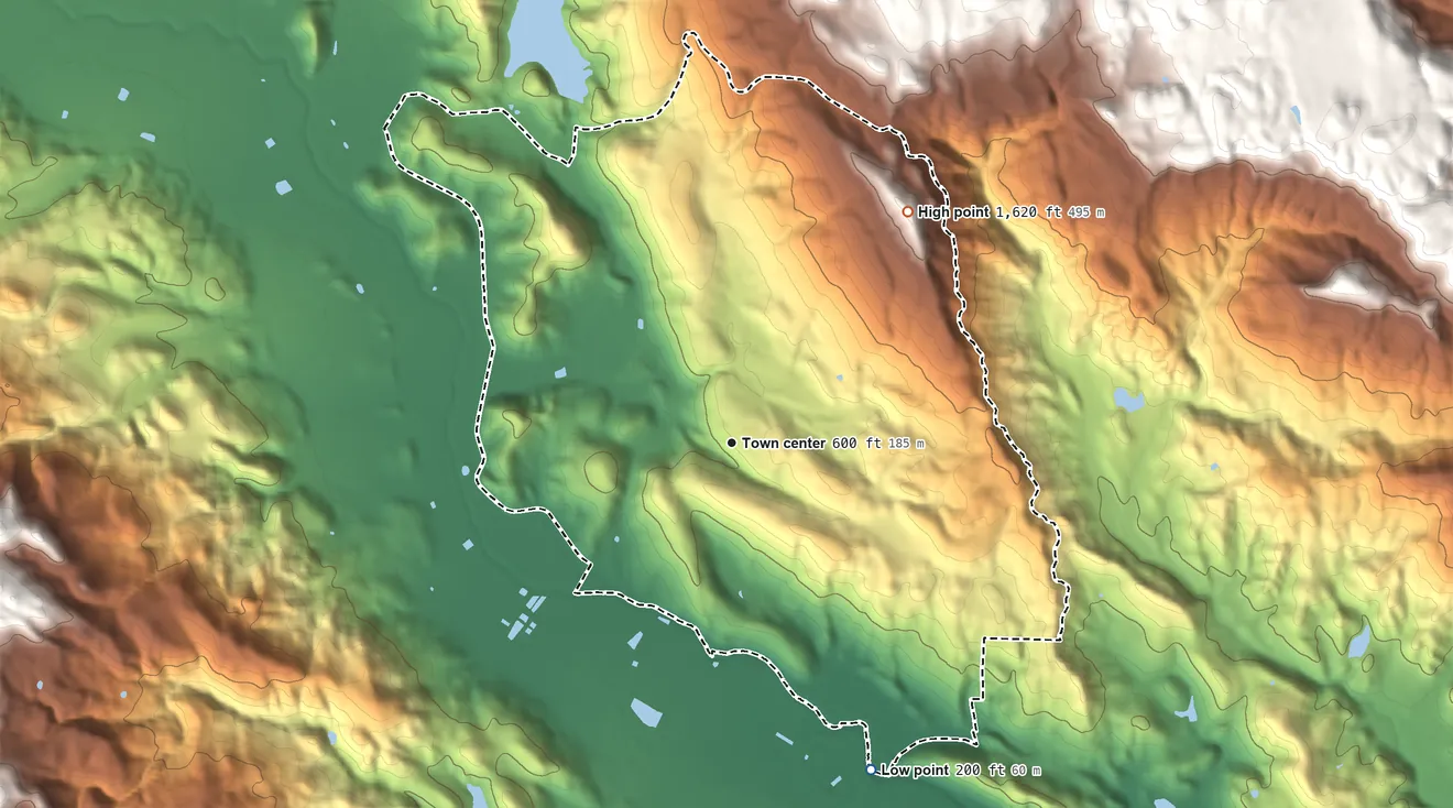 Topographic elevation map of Deer Park, California, shaded from 200 ft on the southeast side to 1,620 ft on the northeast side