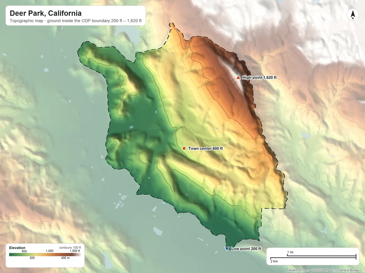 Topographic elevation map of Deer Park, California, shaded from 200 ft on the southeast side to 1,620 ft on the northeast side
