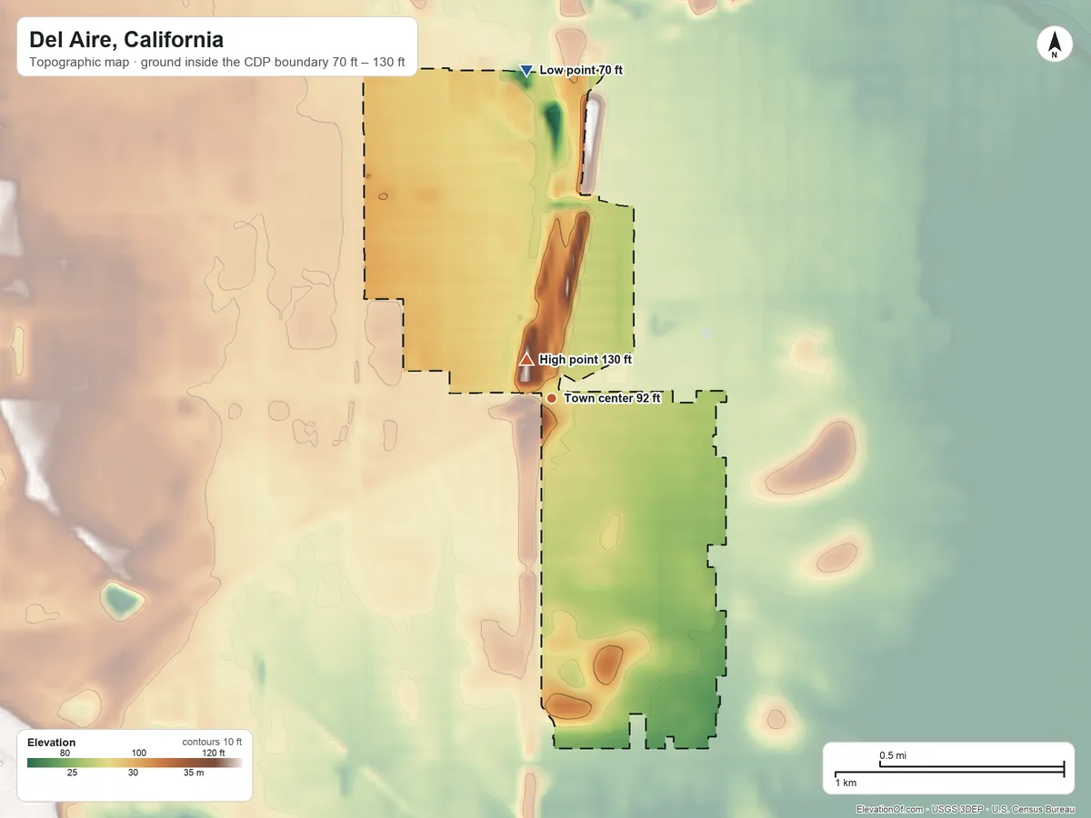 Topographic elevation map of Del Aire, California, shaded from 70 ft on the north side to 130 ft near the middle