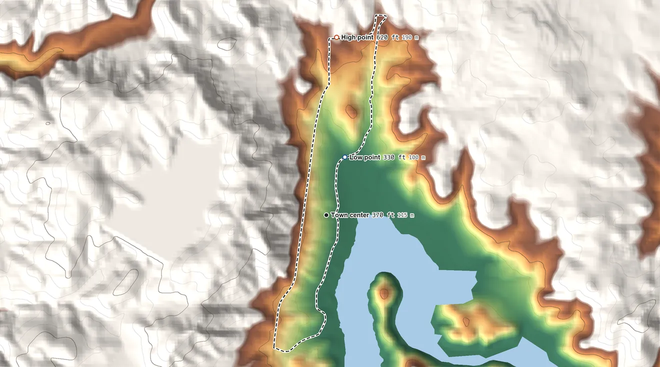 Topographic elevation map of Del Dios, California, shaded from 330 ft on the north side to 620 ft at the foot of the Merriam Mountains