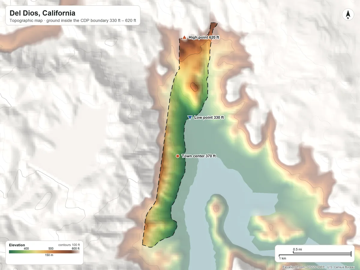 Topographic elevation map of Del Dios, California, shaded from 330 ft on the north side to 620 ft at the foot of the Merriam Mountains