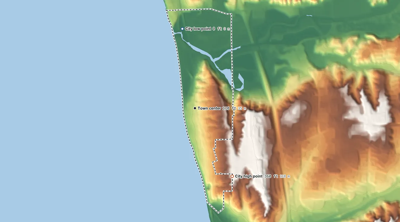 Topographic elevation map of Del Mar, California, shaded from sea level level on the Pacific Ocean to 360 ft on the southeast side