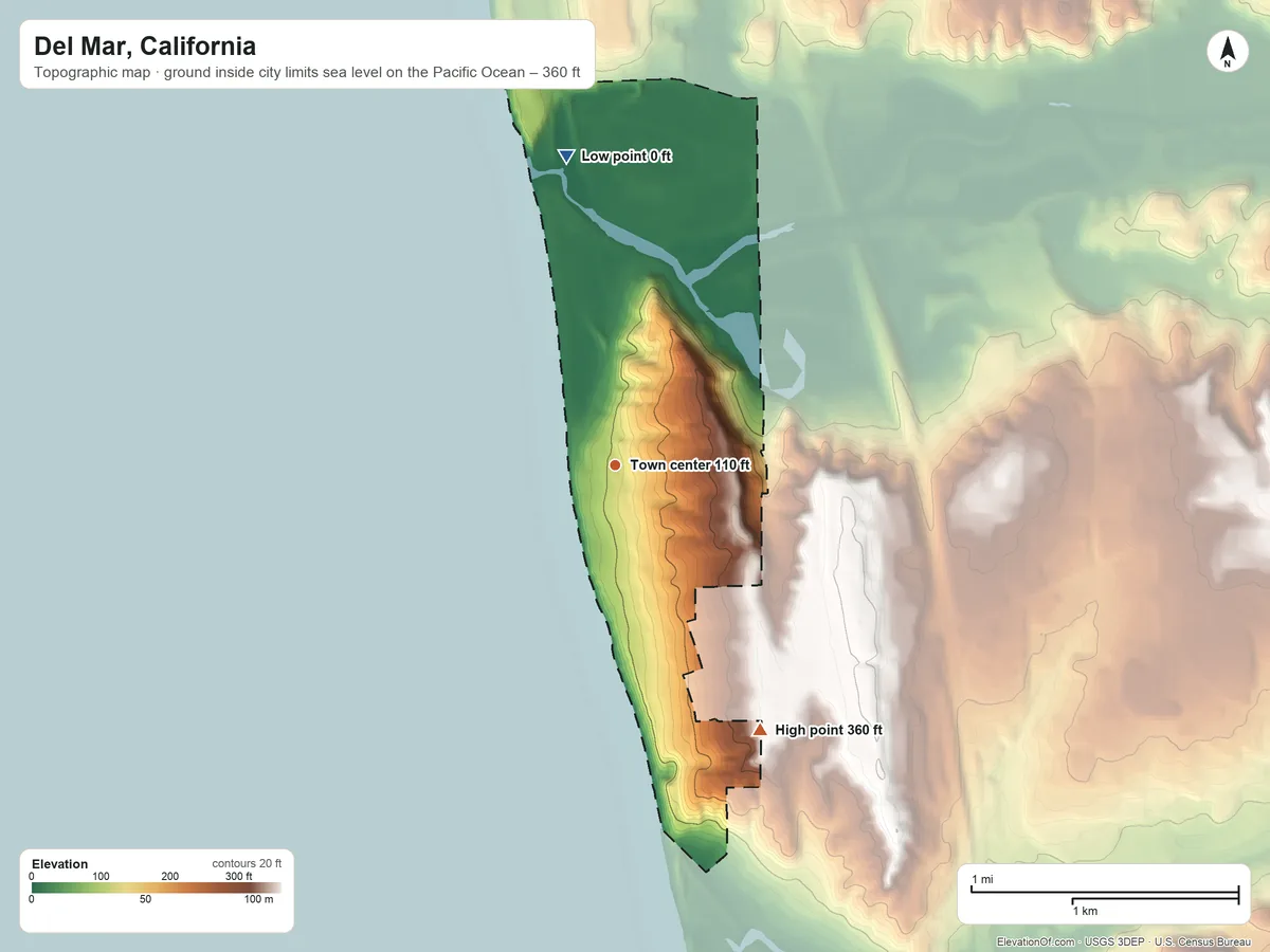 Topographic elevation map of Del Mar, California, shaded from sea level level on the Pacific Ocean to 360 ft on the southeast side