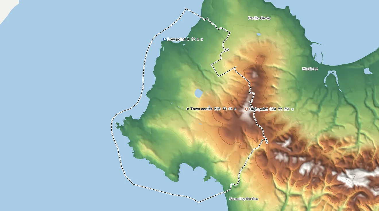 Topographic elevation map of Del Monte Forest, California, shaded from sea level level on the Pacific Ocean to 820 ft on Huckleberry Hill