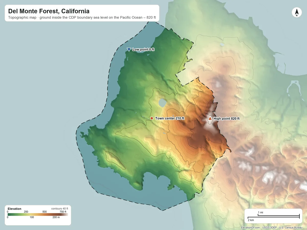 Topographic elevation map of Del Monte Forest, California, shaded from sea level level on the Pacific Ocean to 820 ft on Huckleberry Hill