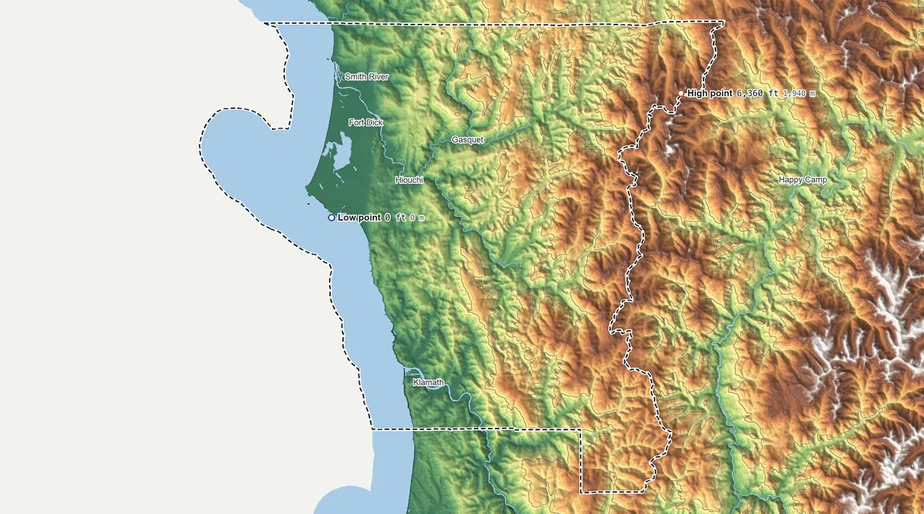 Topographic elevation map of Del Norte County, California, shaded from sea level on the Pacific Ocean to 6,360 ft on Lookout Mountain