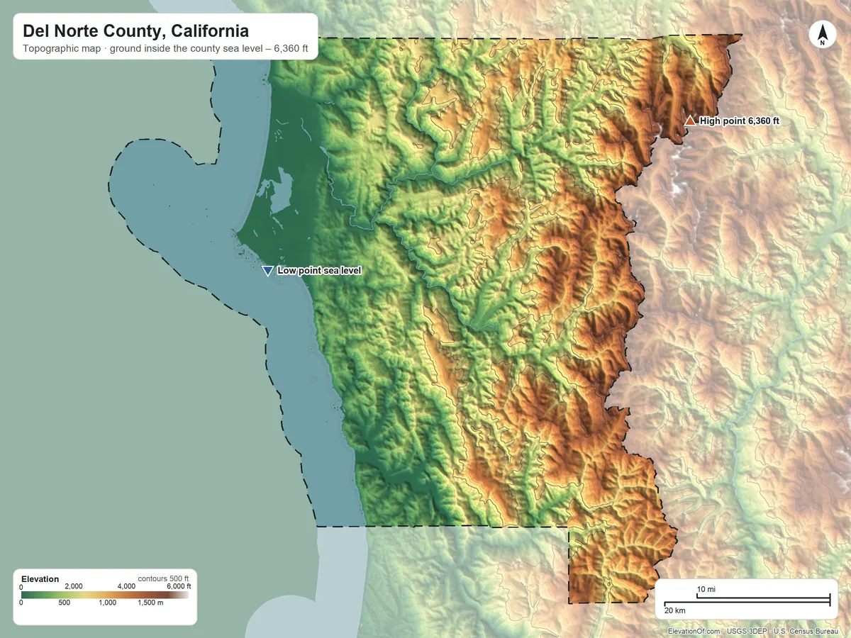 Topographic elevation map of Del Norte County, California, shaded from sea level on the Pacific Ocean to 6,360 ft on Lookout Mountain