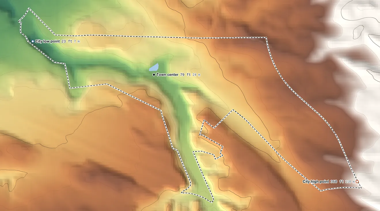 Topographic elevation map of Del Rey Oaks, California, shaded from 23 ft on the west side to 360 ft on the southeast edge, below higher ground just outside