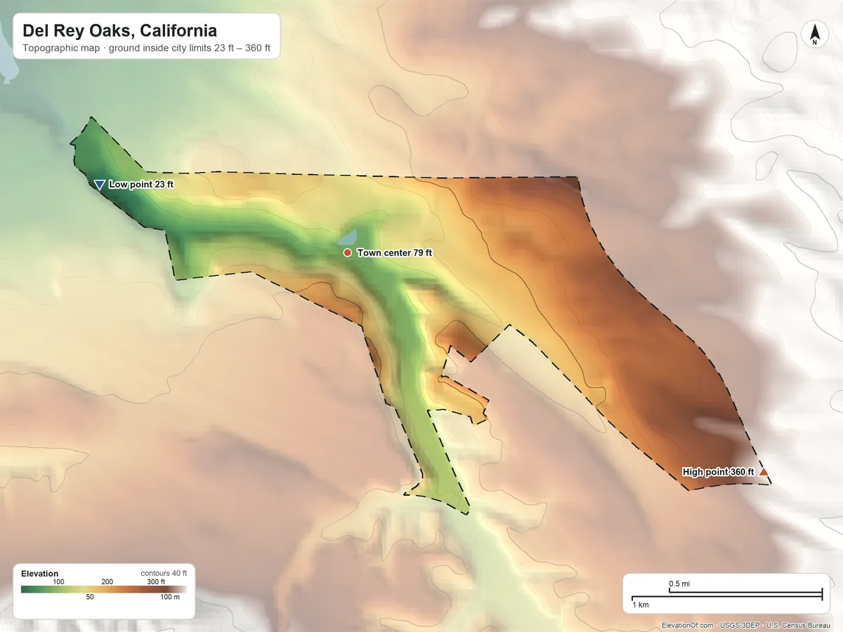 Topographic elevation map of Del Rey Oaks, California, shaded from 23 ft on the west side to 360 ft on the southeast edge, below higher ground just outside