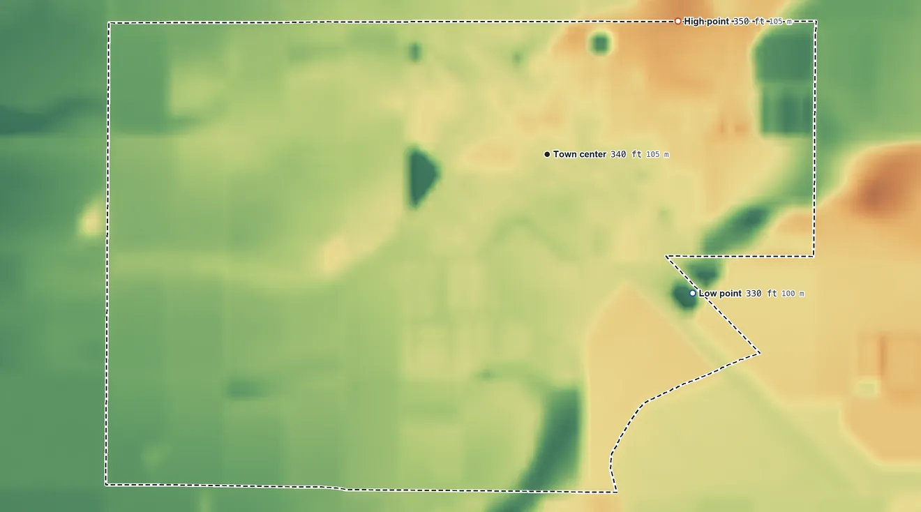 Topographic elevation map of Del Rey, California, shaded from 330 ft on the southeast side to 350 ft on the northeast side