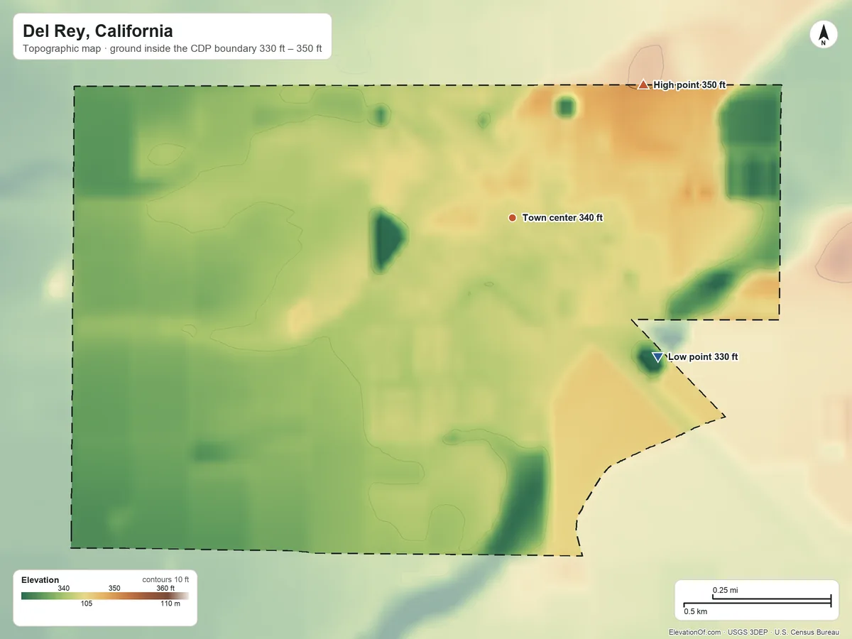 Topographic elevation map of Del Rey, California, shaded from 330 ft on the southeast side to 350 ft on the northeast side