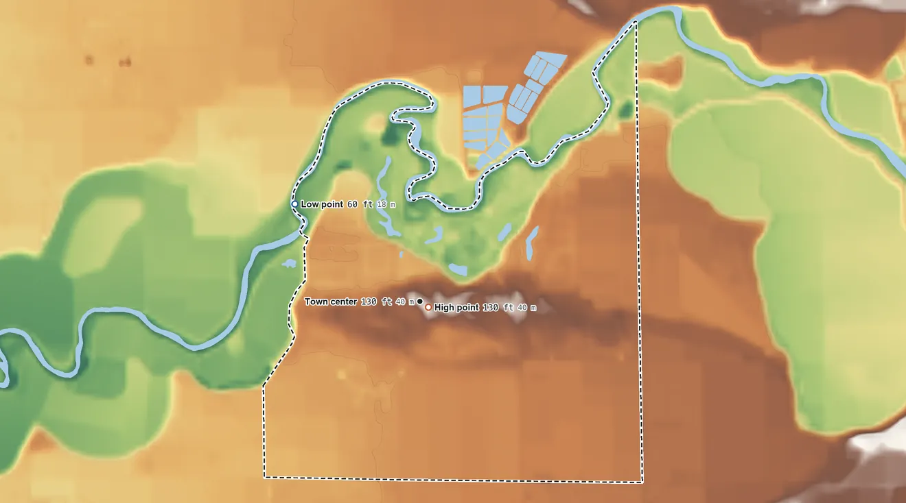 Topographic elevation map of Del Rio, California, shaded from 60 ft on the northwest side to 130 ft near the middle