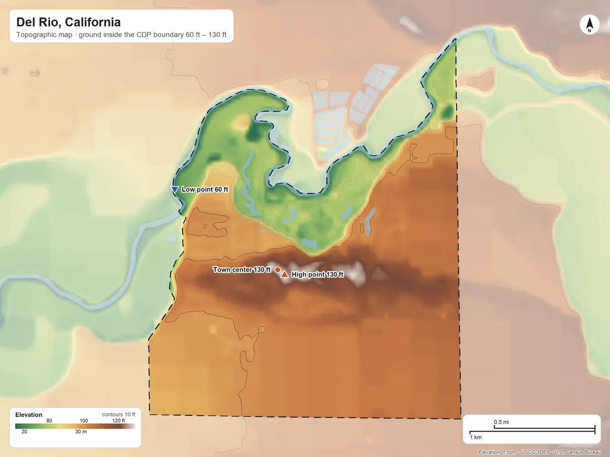 Topographic elevation map of Del Rio, California, shaded from 60 ft on the northwest side to 130 ft near the middle