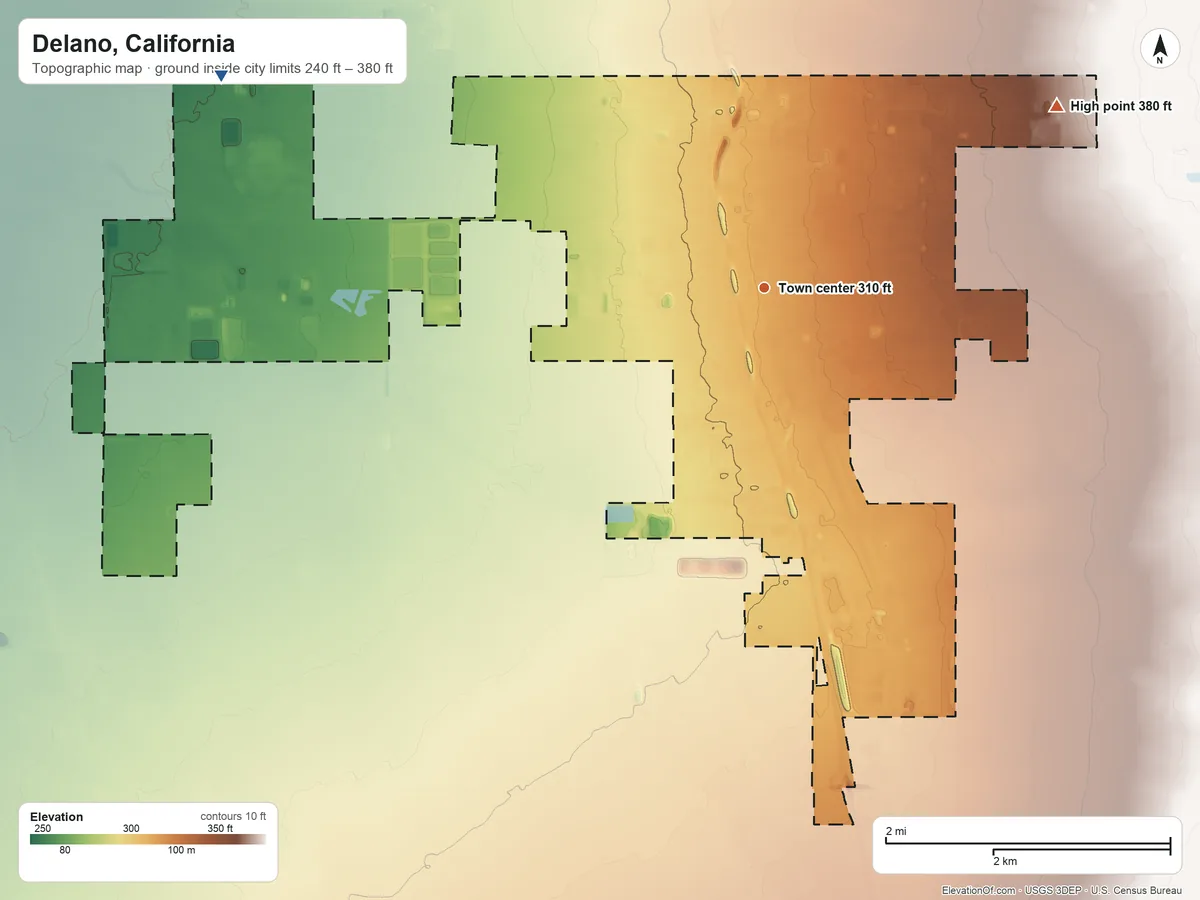 Topographic elevation map of Delano, California, shaded from 240 ft on the west side to 380 ft on the northeast side