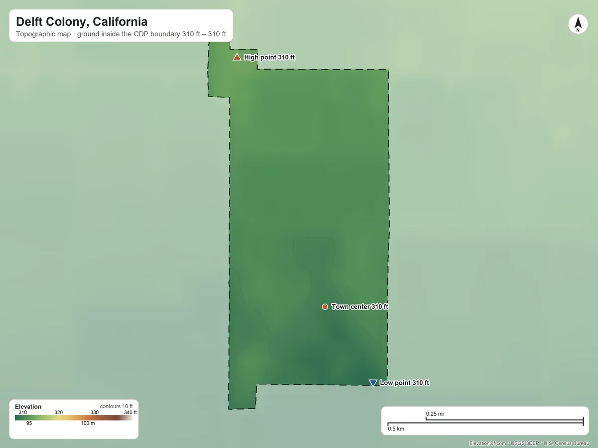 Topographic elevation map of Delft Colony, California, shaded from 310 ft on the southeast side to 310 ft on the north side