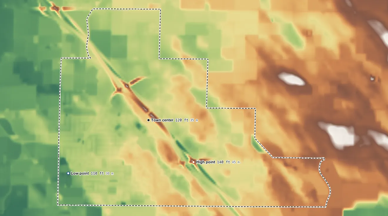 Topographic elevation map of Delhi, California, shaded from 110 ft on the southwest side to 140 ft on the southeast side
