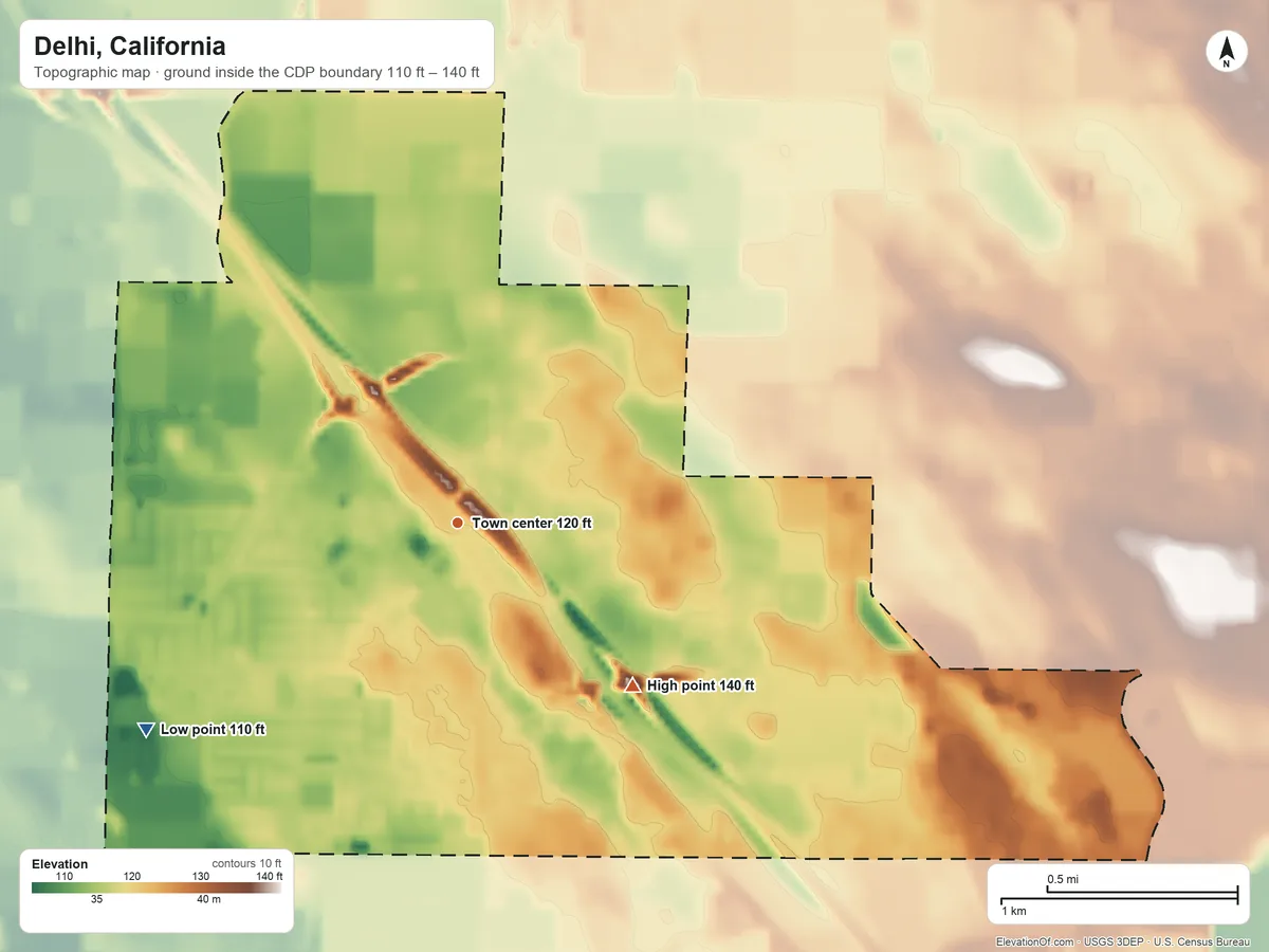 Topographic elevation map of Delhi, California, shaded from 110 ft on the southwest side to 140 ft on the southeast side