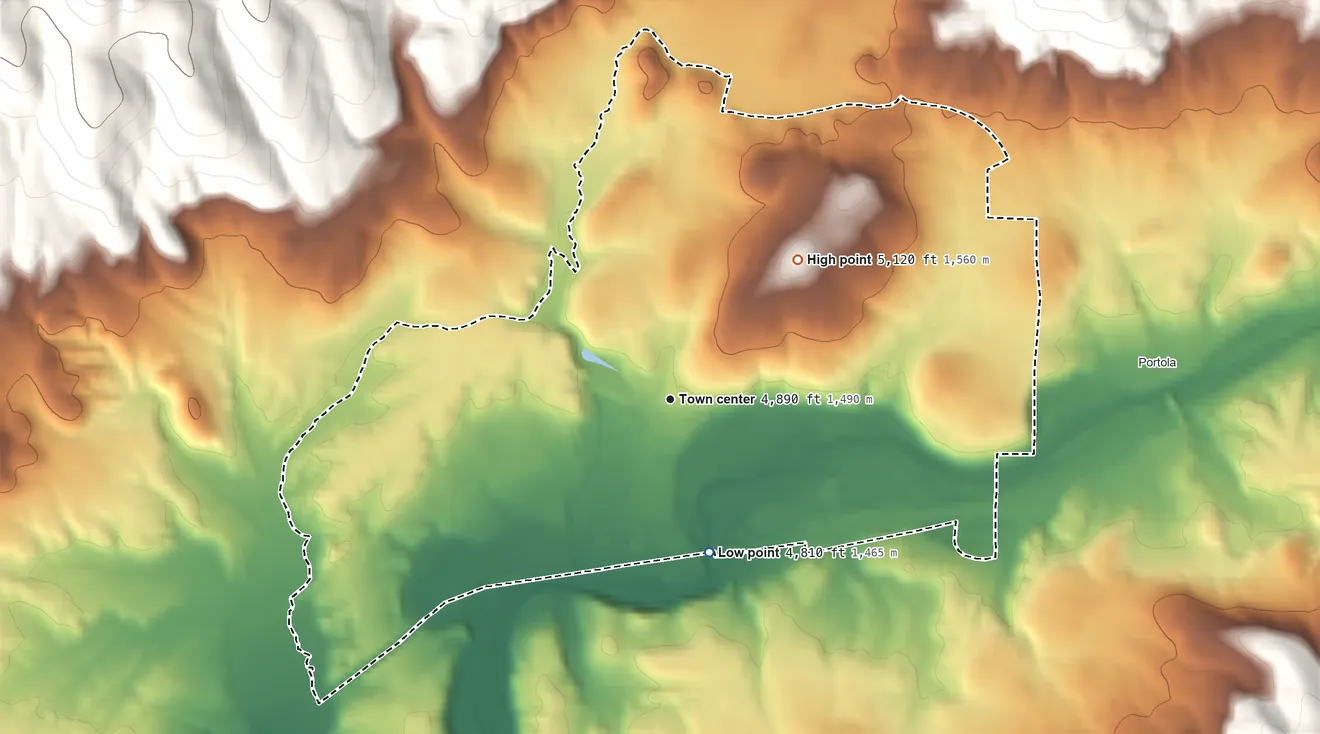 Topographic elevation map of Delleker, California, shaded from 4,810 ft on the south side to 5,120 ft at the foot of the Coyote Hills