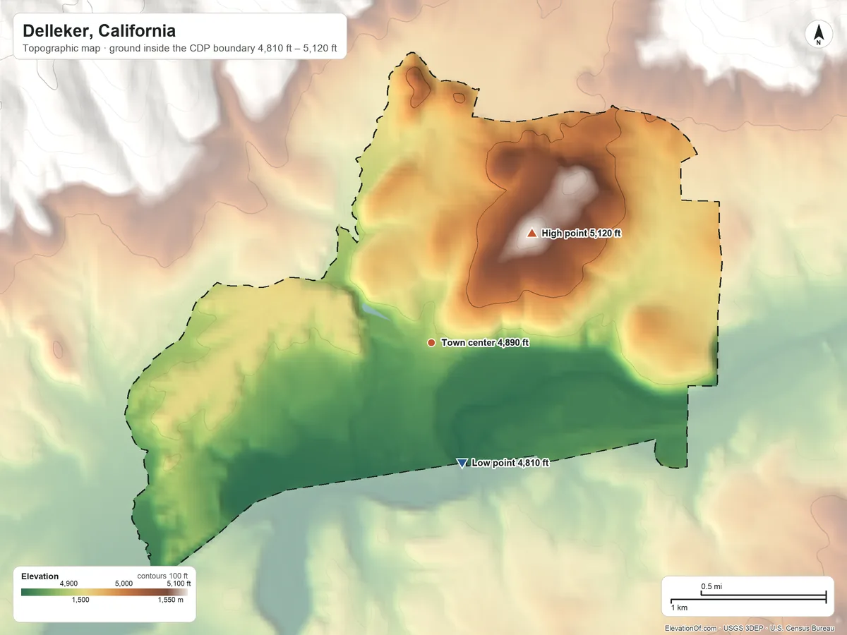 Topographic elevation map of Delleker, California, shaded from 4,810 ft on the south side to 5,120 ft at the foot of the Coyote Hills
