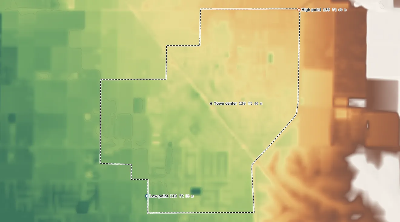 Topographic elevation map of Denair, California, shaded from 110 ft on the southwest side to 130 ft on the northeast side