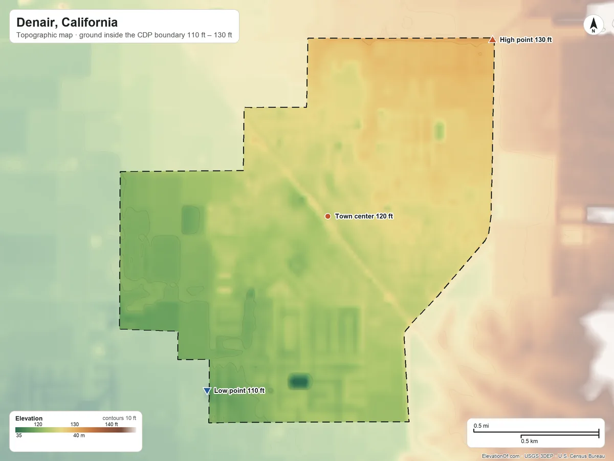 Topographic elevation map of Denair, California, shaded from 110 ft on the southwest side to 130 ft on the northeast side