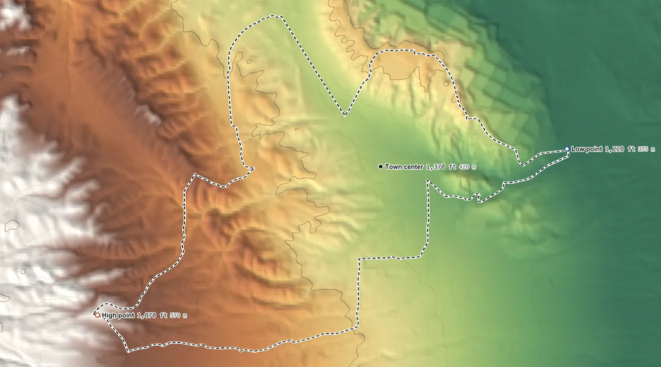 Topographic elevation map of Derby Acres, California, shaded from 1,220 ft on the east side to 1,870 ft at the foot of the Telephone Hills