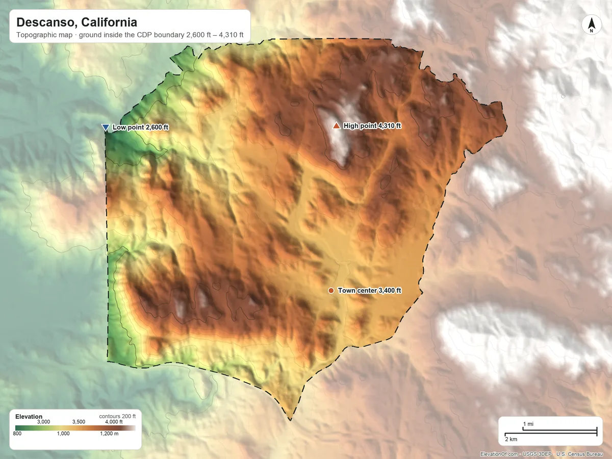 Topographic elevation map of Descanso, California, shaded from 2,600 ft on the northwest side to 4,310 ft on the north side