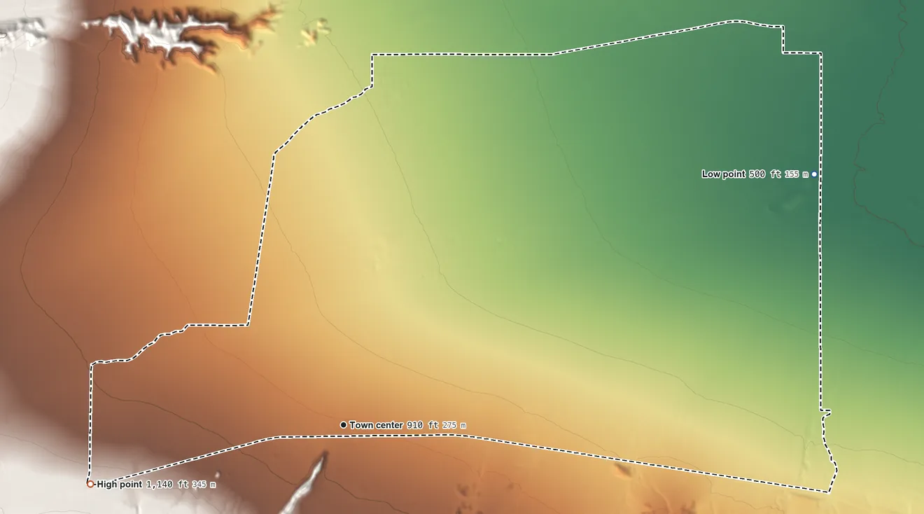 Topographic elevation map of Desert Center, California, shaded from 500 ft on the northeast side to 1,140 ft at the foot of the Chuckwalla Mountains