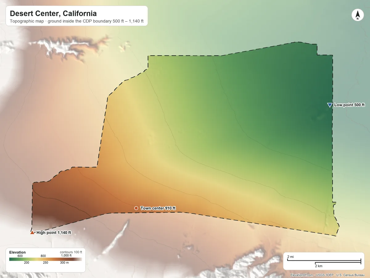 Topographic elevation map of Desert Center, California, shaded from 500 ft on the northeast side to 1,140 ft at the foot of the Chuckwalla Mountains