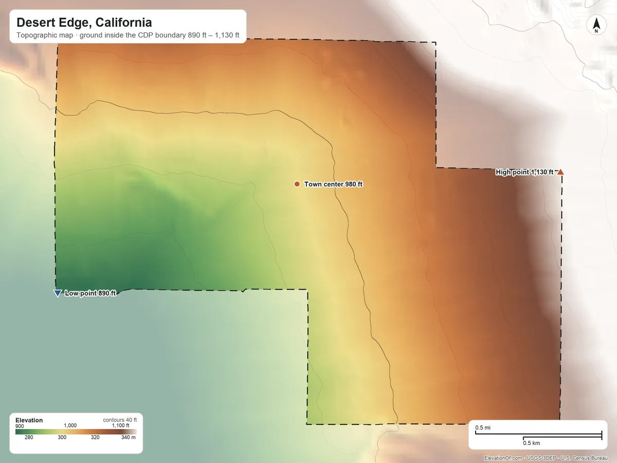 Topographic elevation map of Desert Edge, California, shaded from 890 ft on the southwest side to 1,130 ft at the foot of the Little San Bernardino Mountains