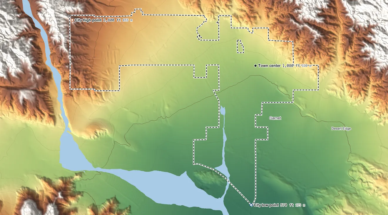 Topographic elevation map of Desert Hot Springs, California, shaded from 570 ft on the south side to 2,800 ft at the foot of the Sawtooths