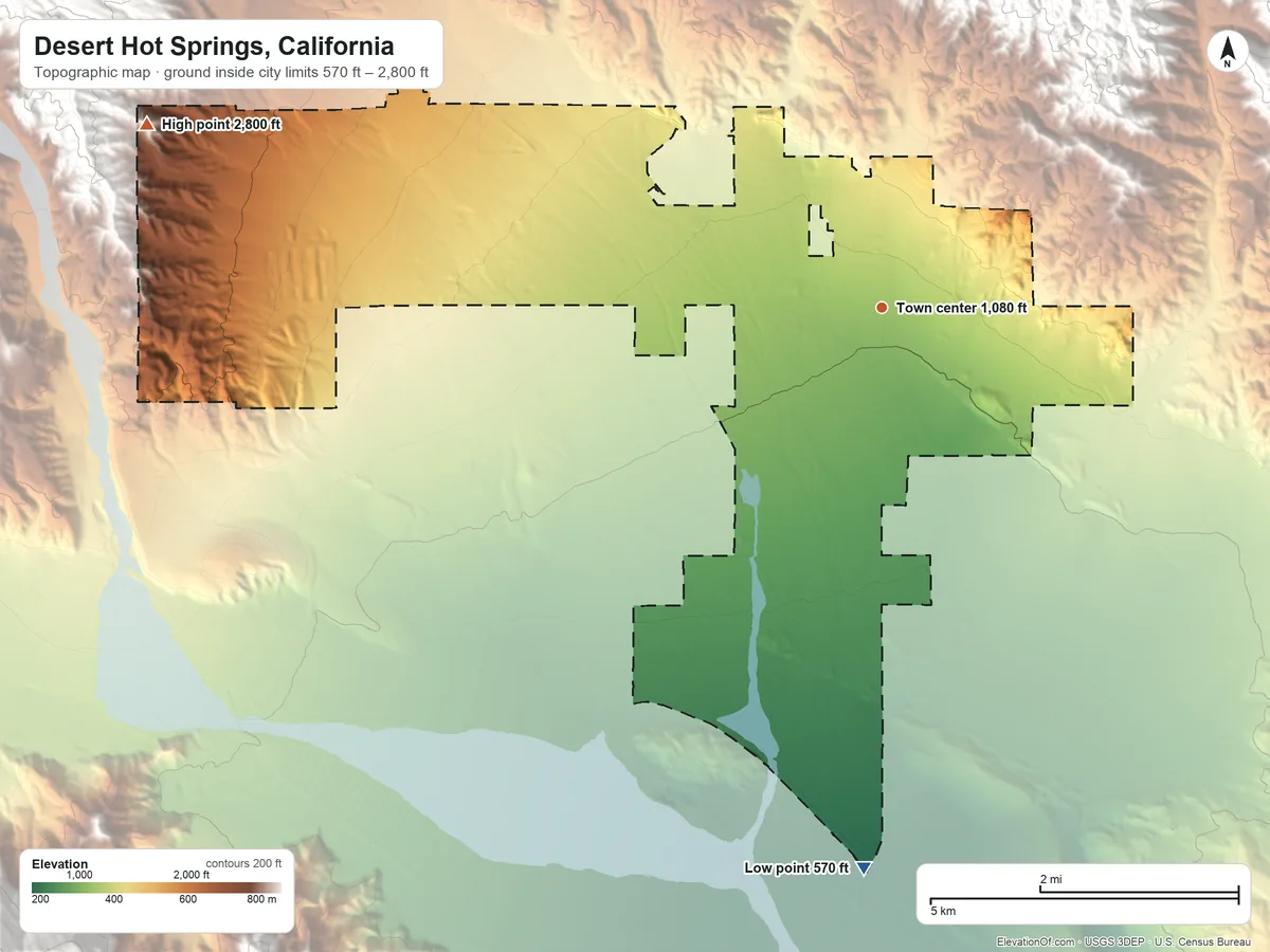 Topographic elevation map of Desert Hot Springs, California, shaded from 570 ft on the south side to 2,800 ft at the foot of the Sawtooths