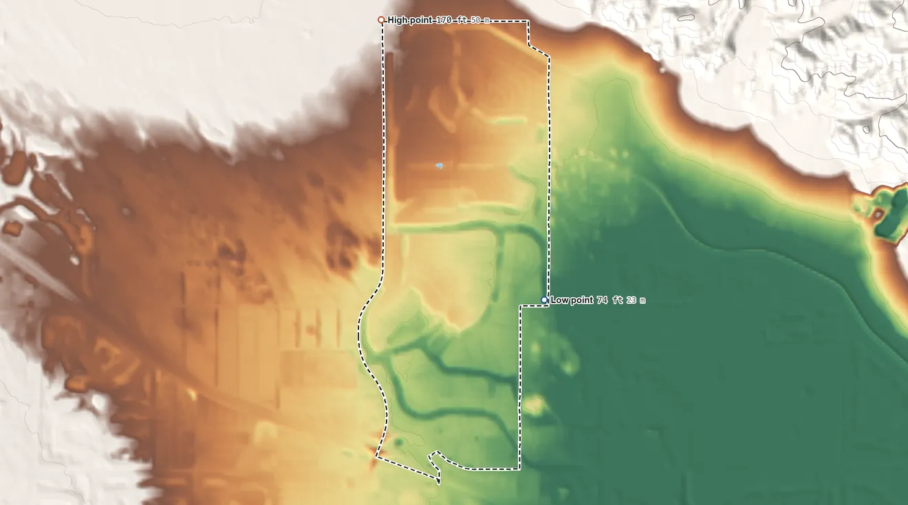 Topographic elevation map of Desert Palms, California, shaded from 74 ft on the southeast side to 170 ft at the foot of the Indio Hills