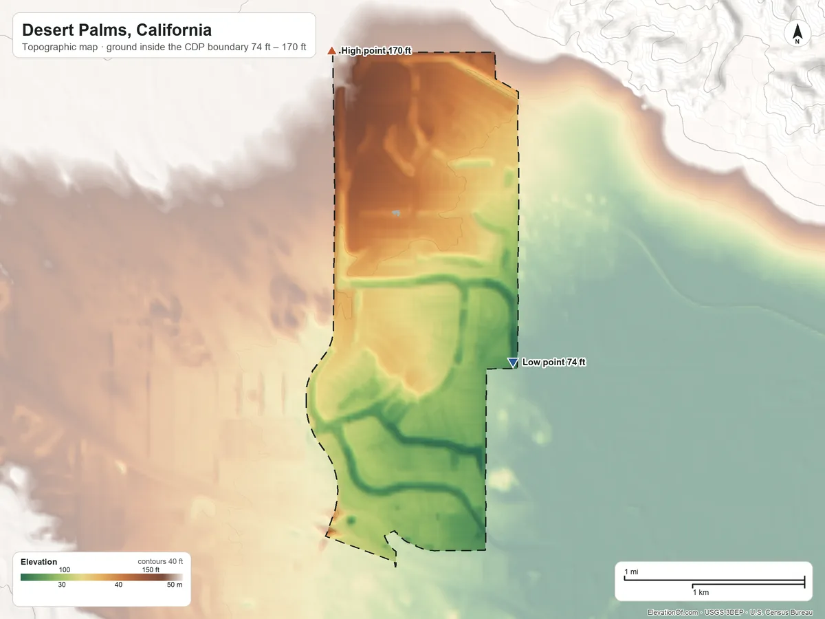 Topographic elevation map of Desert Palms, California, shaded from 74 ft on the southeast side to 170 ft at the foot of the Indio Hills