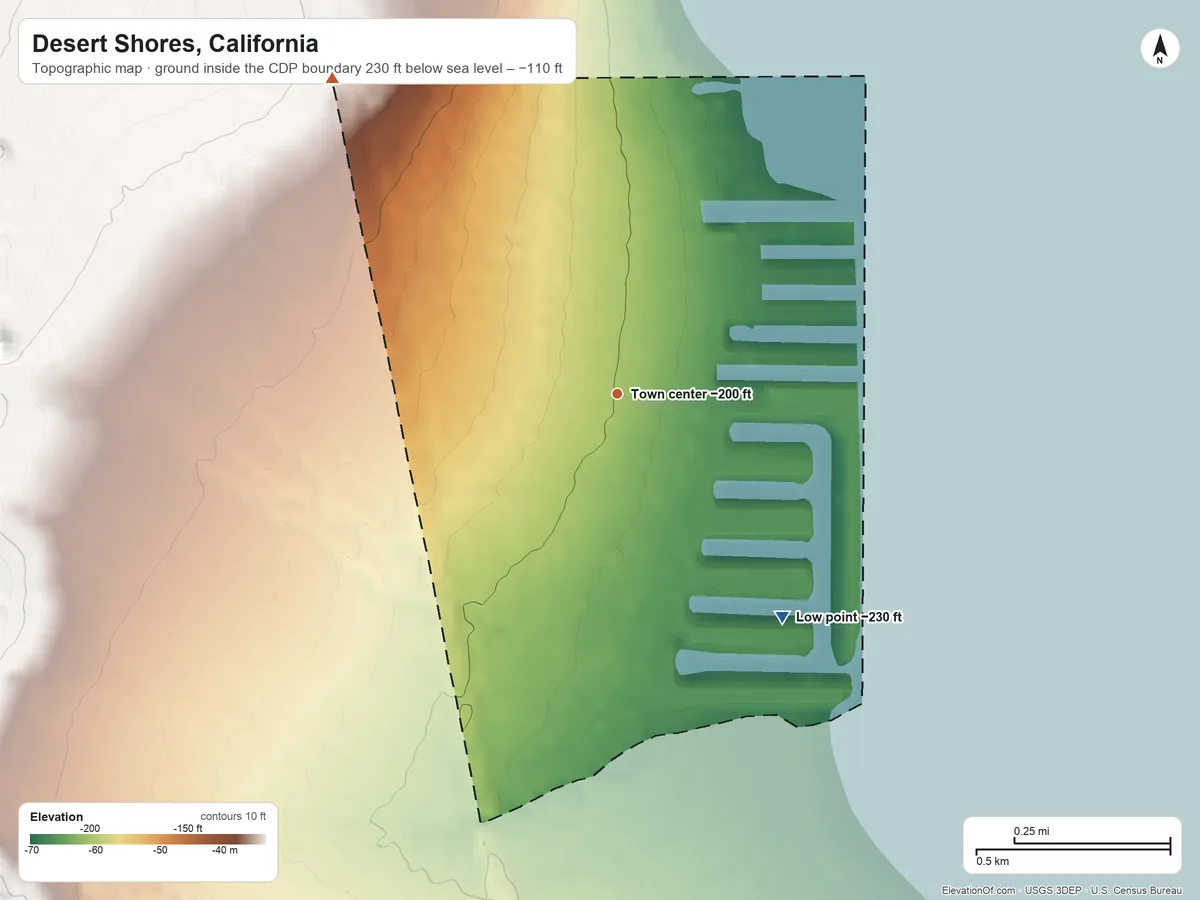 Topographic elevation map of Desert Shores, California, shaded from −230 ft on the southeast side to −110 ft at the foot of the Mecca Hills