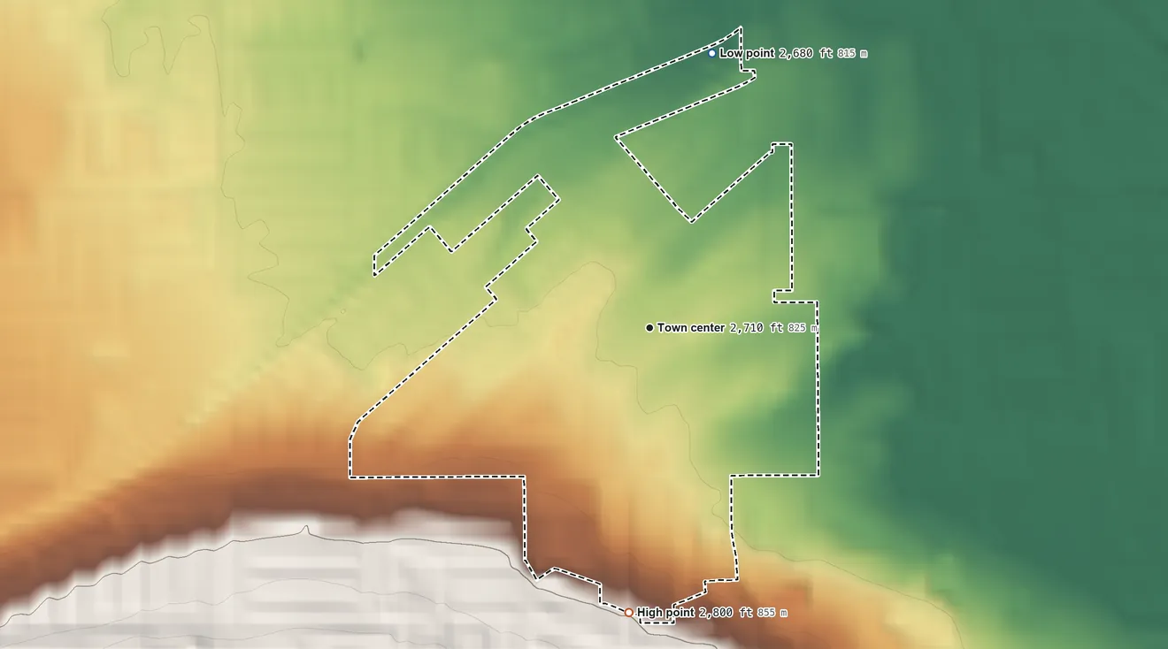 Topographic elevation map of Desert View Highlands, California, shaded from 2,680 ft on the north side to 2,800 ft on the south edge, below higher ground just outside