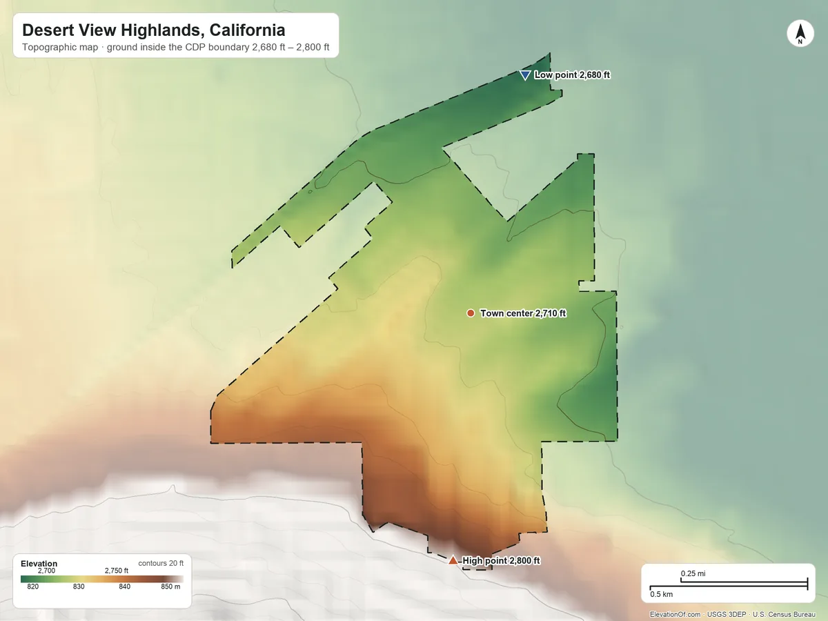 Topographic elevation map of Desert View Highlands, California, shaded from 2,680 ft on the north side to 2,800 ft on the south edge, below higher ground just outside