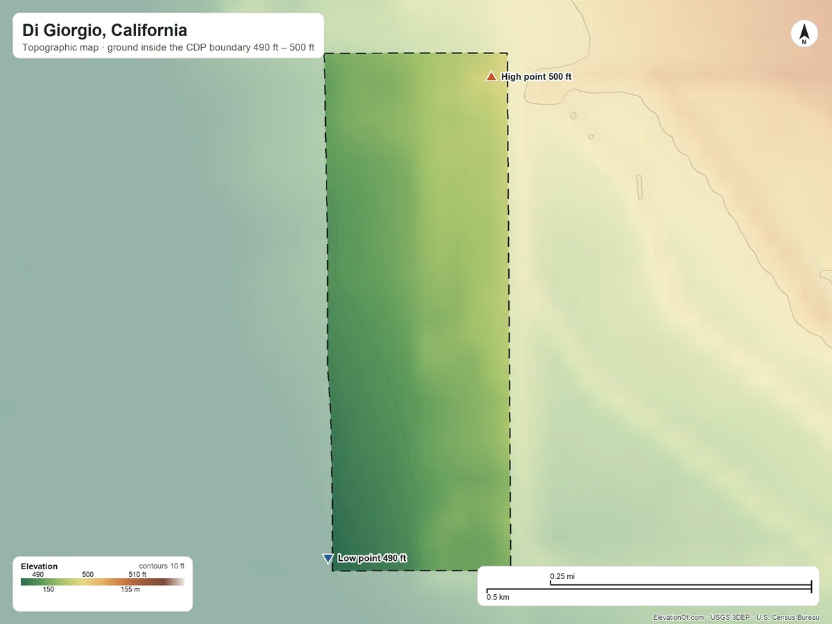 Topographic elevation map of Di Giorgio, California, shaded from 490 ft on the south side to 500 ft on the north side