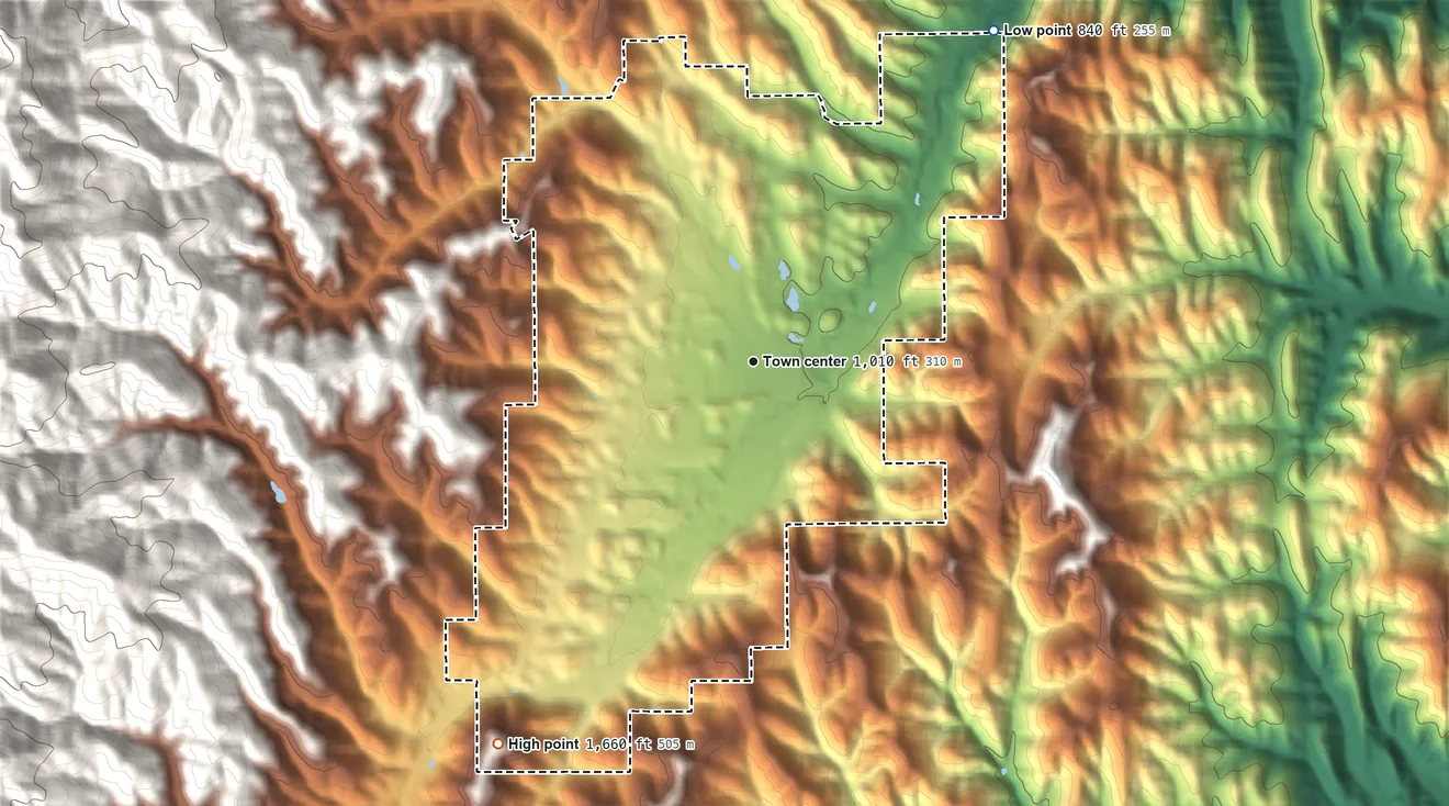 Topographic elevation map of Diablo Grande, California, shaded from 840 ft on the northeast side to 1,660 ft at the foot of the Burnt Hills